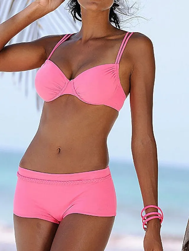 Women's Swimwear Bikini 2 Piece Normal Swimsuit Ruched Backless Pure Color Black White Yellow Pink Royal Blue Strap Bathing Suits New Vacation Sexy