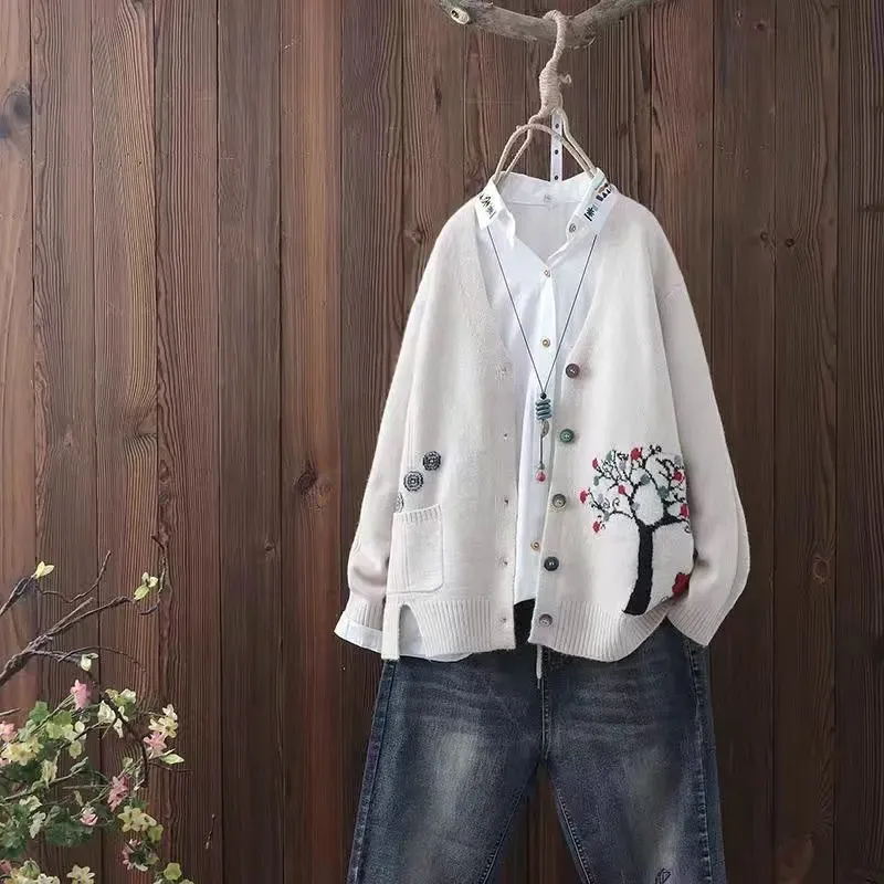 Vintage Botanical Long Sleeve Knit Cardigan