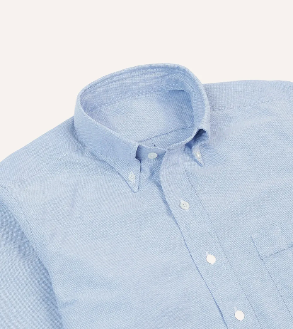 Lapel Plain Ice Blue Cotton Oxford Cloth Button-Down Shirt