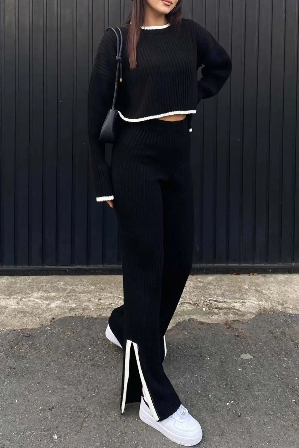 Contrast Ribbed Knit Crop Top Slit Long Pants Set