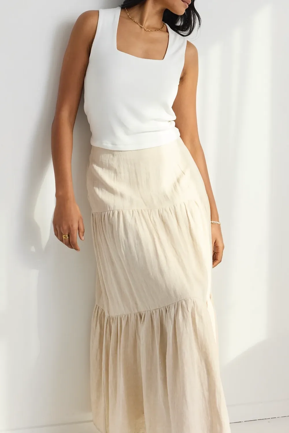 Tiered Linen Midi Skirt