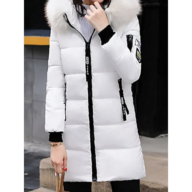 Women's Parka Long Puffer Jacket Windproof Thermal Warm Heated Coat with Pockets Winter Coat with Fur Collar Hood Long Sleeve Full Zip Black White Pink