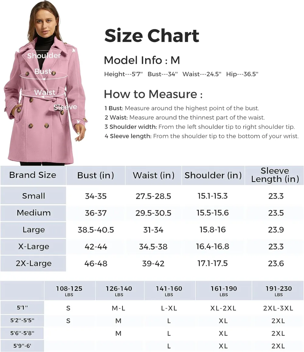Women's Double Breasted Pea Coat Winter Mid-Long Trench Coat with Belt