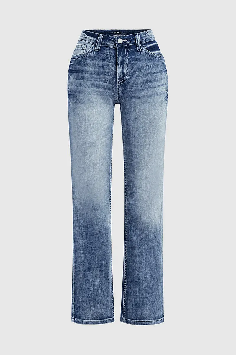 Pocket Detail Mid Rise Straight Leg Jeans