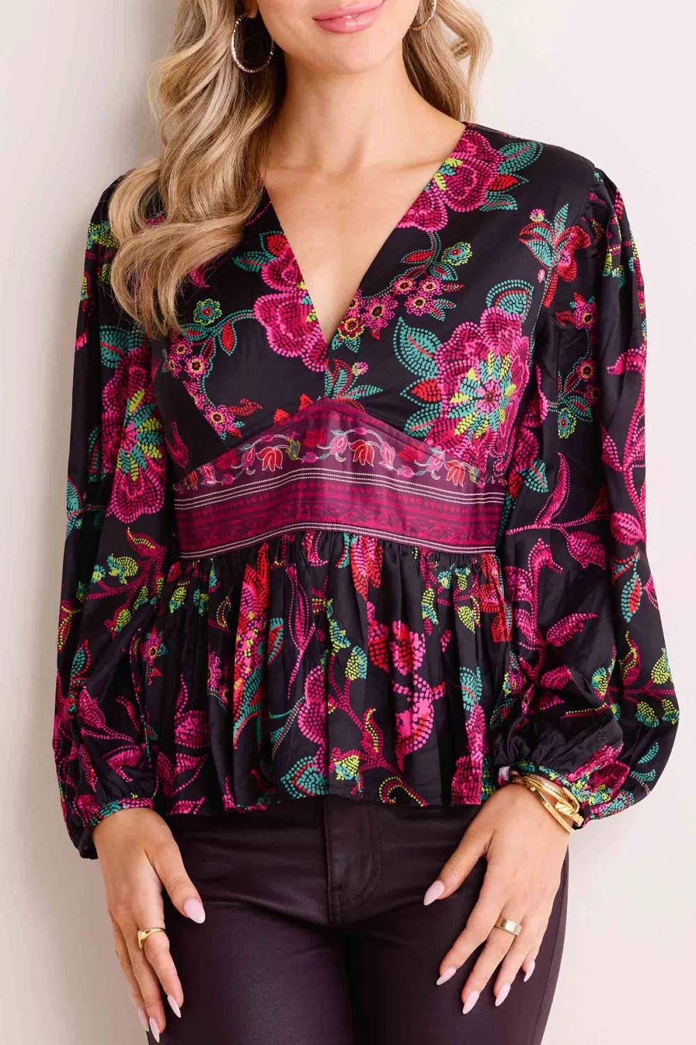 Pink Floral Print V-Neck Peplum Long Sleeve Blouse