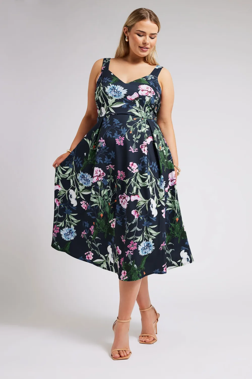 YOURS LONDON Curve Navy Blue Floral V Neck Dress