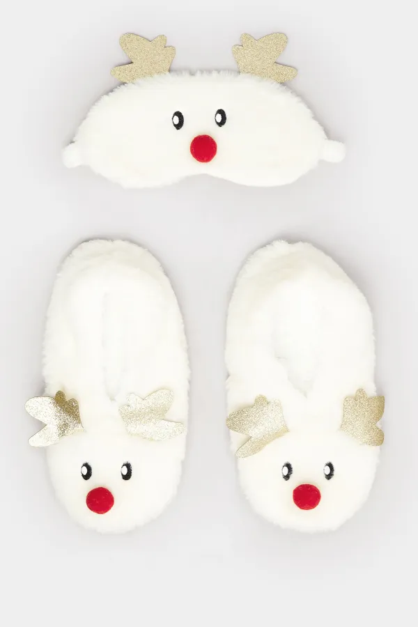 White Fluffy Reindeer Eye Mask & Slipper Set