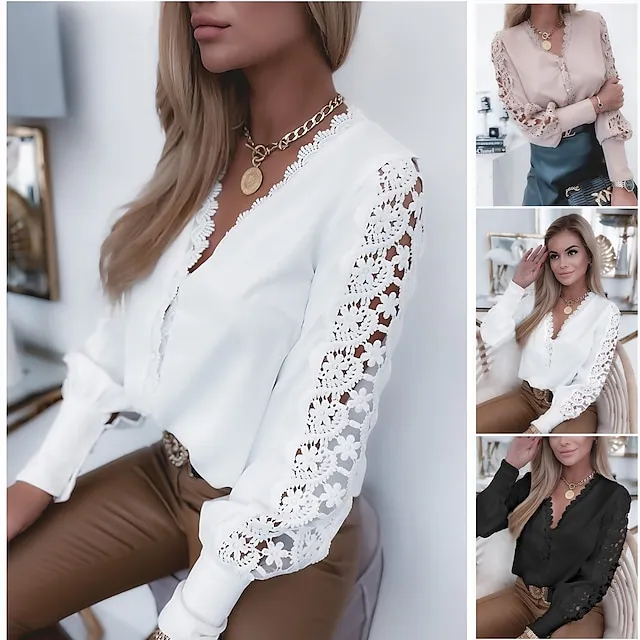 Women's Blouse White Solid Colored Lace Daily Fashion Basic Elegant V Neck Spring Fall Winter