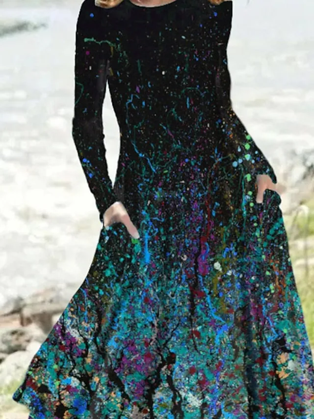 Women‘s Casual Dress Swing Dress Midi Dress Blue Yellow Rainbow Long Sleeve Color Gradient Pocket Print Winter Fall Crew Neck Vacation Casual Fall Dress 2023 S M L XL XXL 3XL