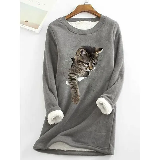Women's Plus Size Sweatshirt Pullover Cat Teddy Sherpa Fleece Denim Blue Black White Street Casual Round Neck Long Sleeve Top Micro-elastic Fall & Winter