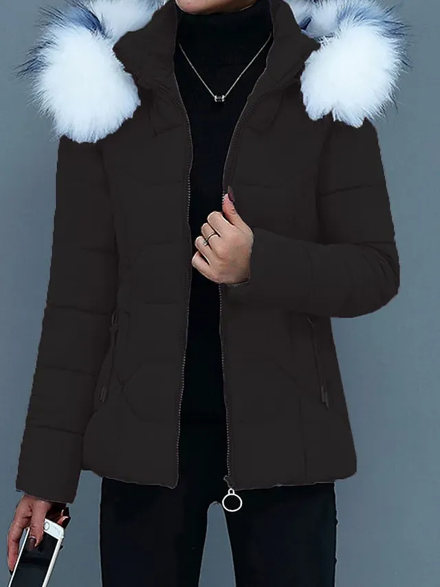 Women's Parka Cropped Puffer Jacket Winter Coat Zip up Hooded Coat with Removable Fur Collar Thermal Warm Heated Coat Fall Outerwear with Pockets Warm Classic Long Sleeve Blue