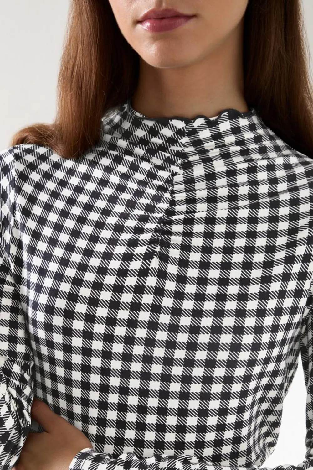Black Cream Checkered High Neck Long Sleeve Top