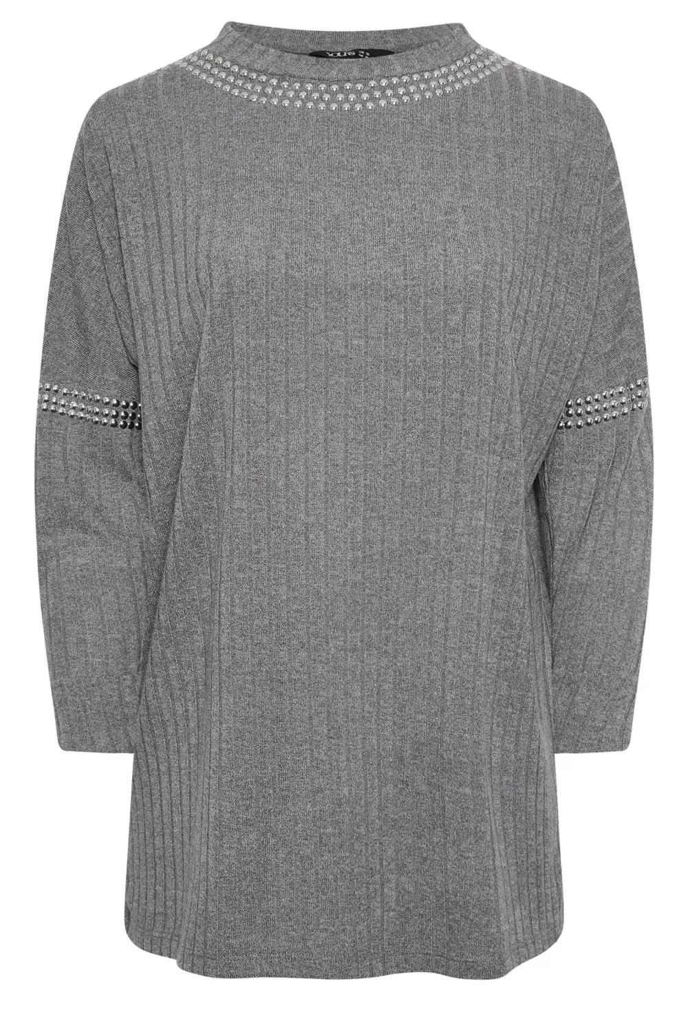 YOURS Curve Grey Stud Neckline Embellished Jumper