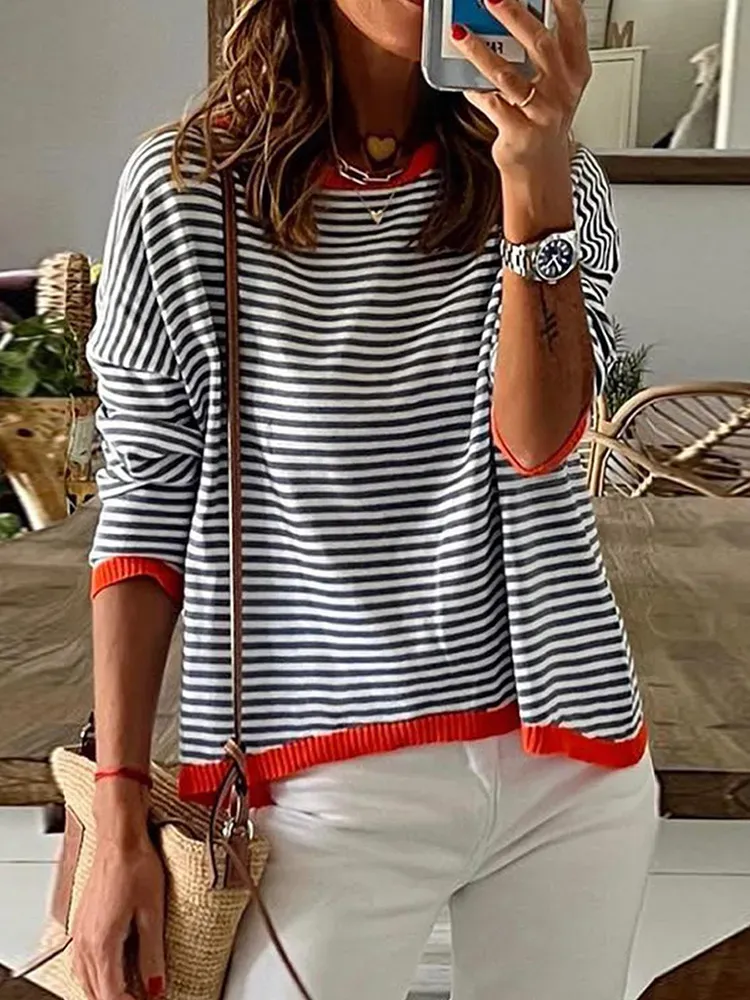 Casual Contrast Striped Off Shoulder Long Sleeved Sweater