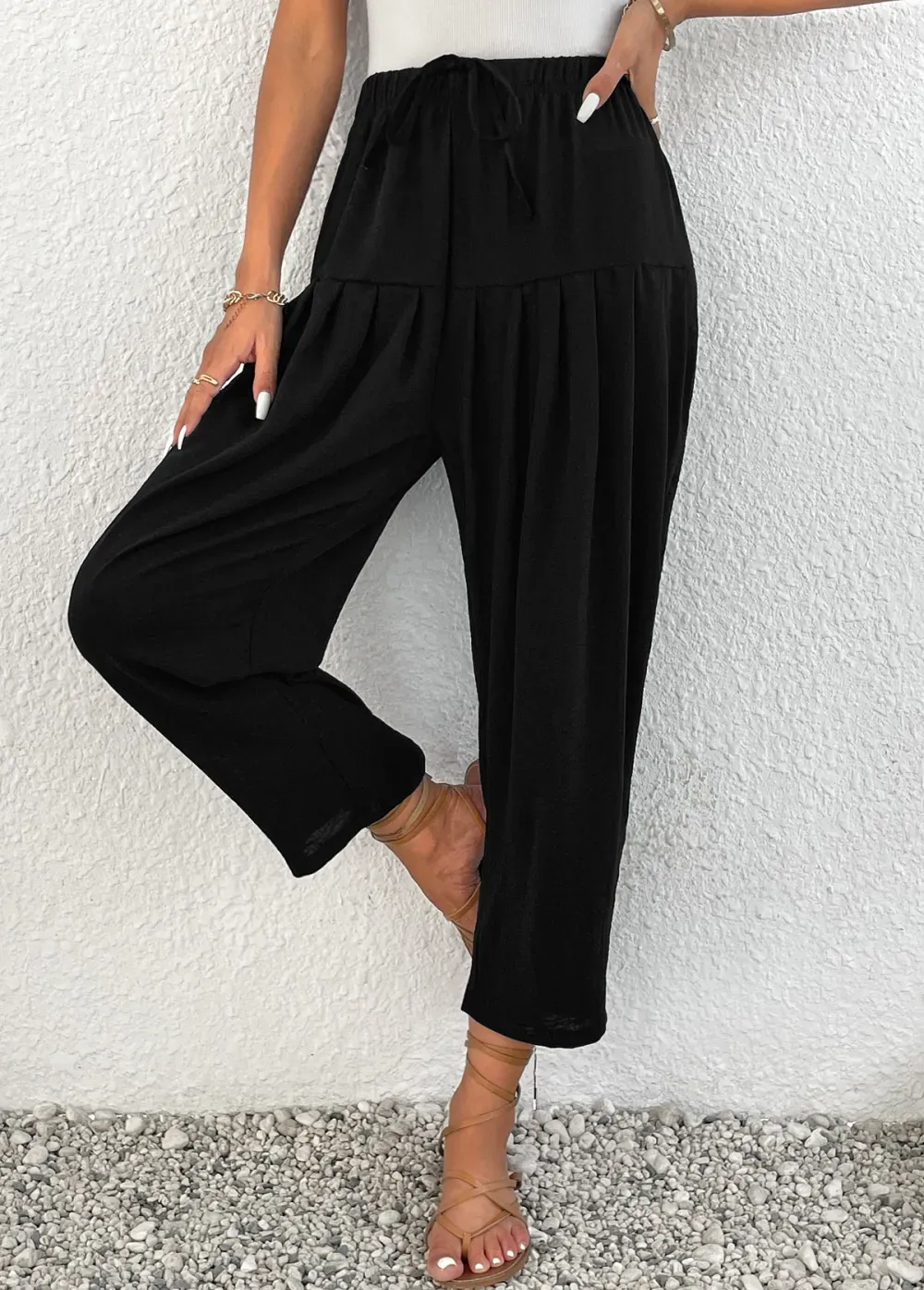Black Ruched Jogger Elastic Waist High Waisted Pants
