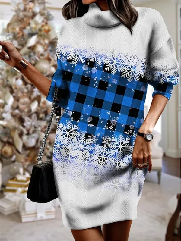 Women's Red Christmas Dress Sweater Dress Jumper Dress Mini Dress Knitwear Warm Fashion Plaid Snowflake Outdoor Christmas Casual Daily Turtleneck Long Sleeve 2023 Loose Fit Red Blue Green S M L XL