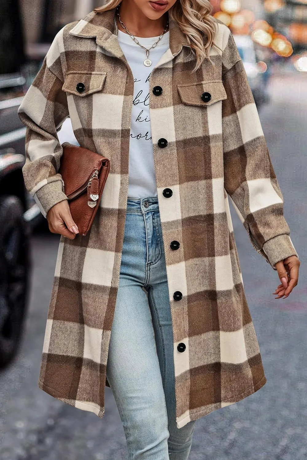 Women's Plaid Shacket 2023 Long Sleeve Button Up Flannel Shirt Winter Tartan Jacket Woolen Coats