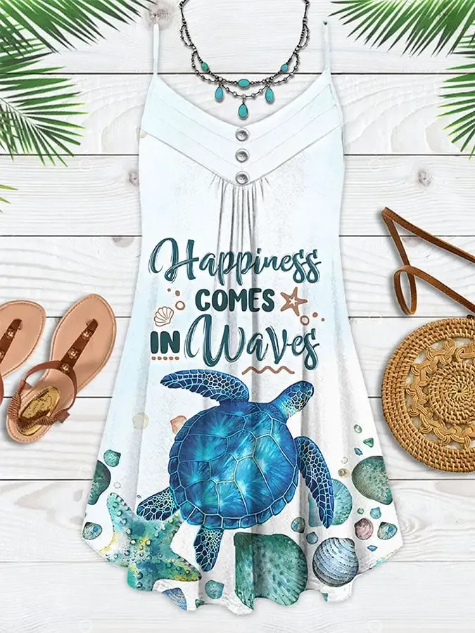 Vacation Sea Turtle Happiness Comes In Waves Print Spaghetti Strap Dress Swimsuit Coverup