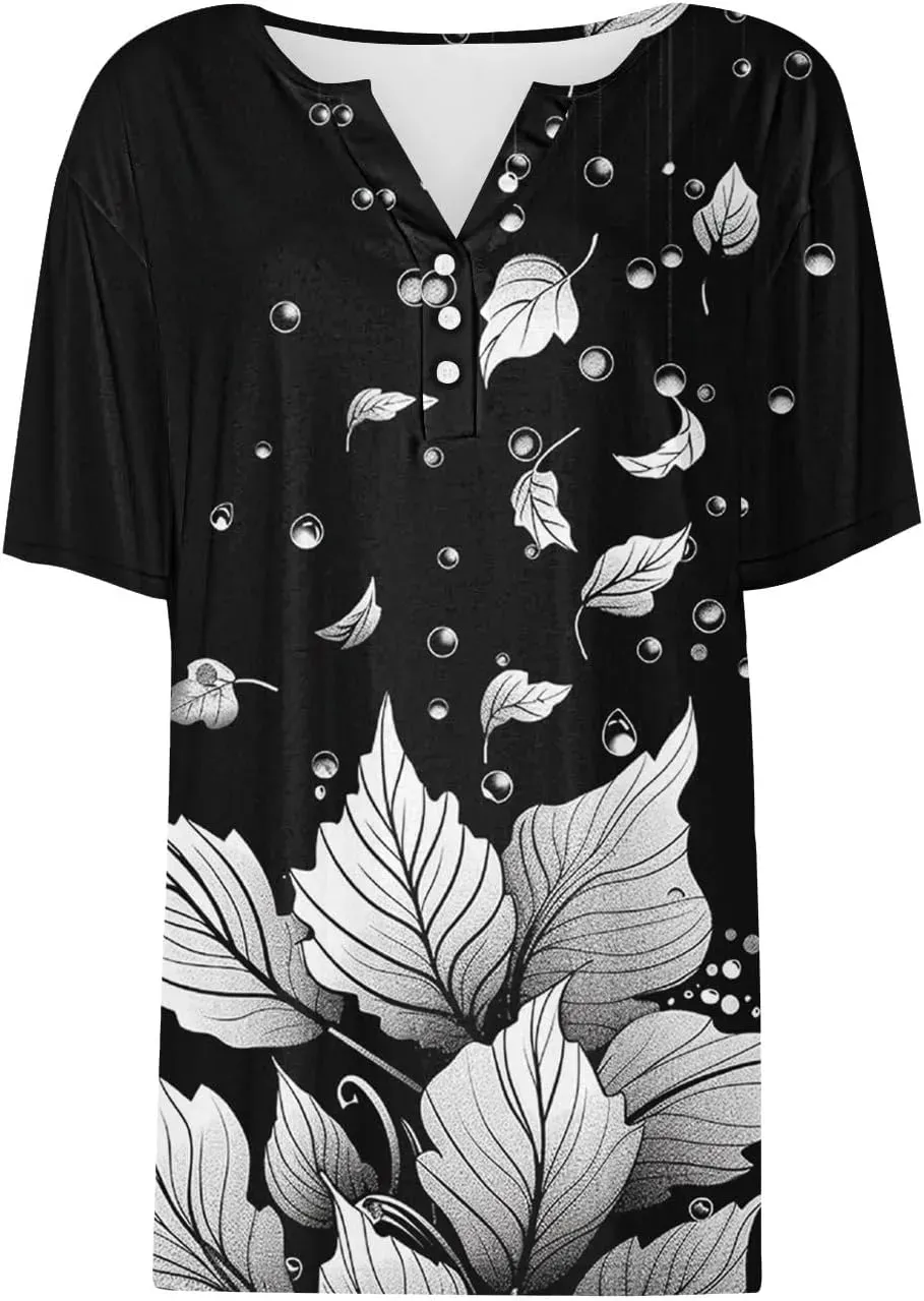 Shirts for Women Casual Printed Summer Tops Short-Sleeved Button V-Neck Tops Blouse Fashion Boho T-Shirts