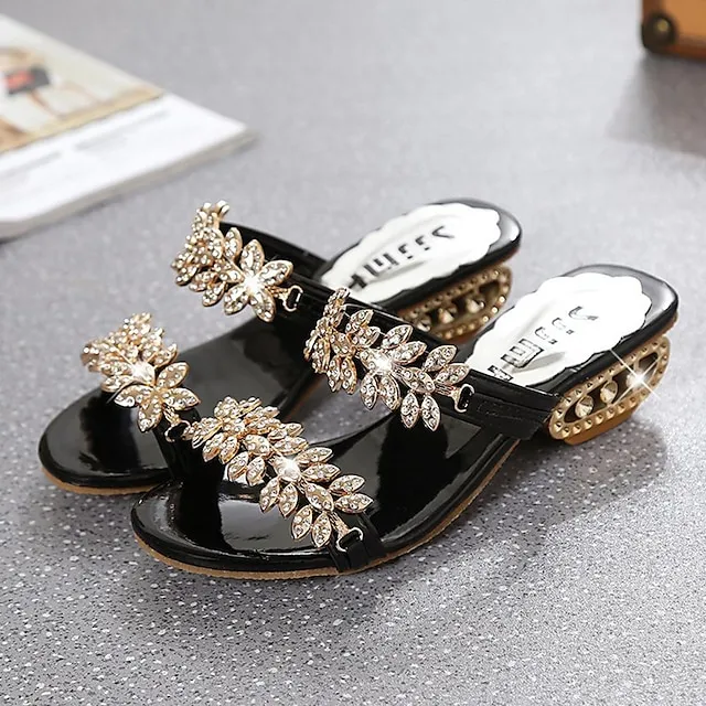 Women's Sandals Sparkly Sandals Outdoor Daily Beach Summer Sparkling Glitter Chunky Heel Open Toe Elegant Sweet Walking Shoes PU Leather Loafer Solid Colored Black Silver Gold