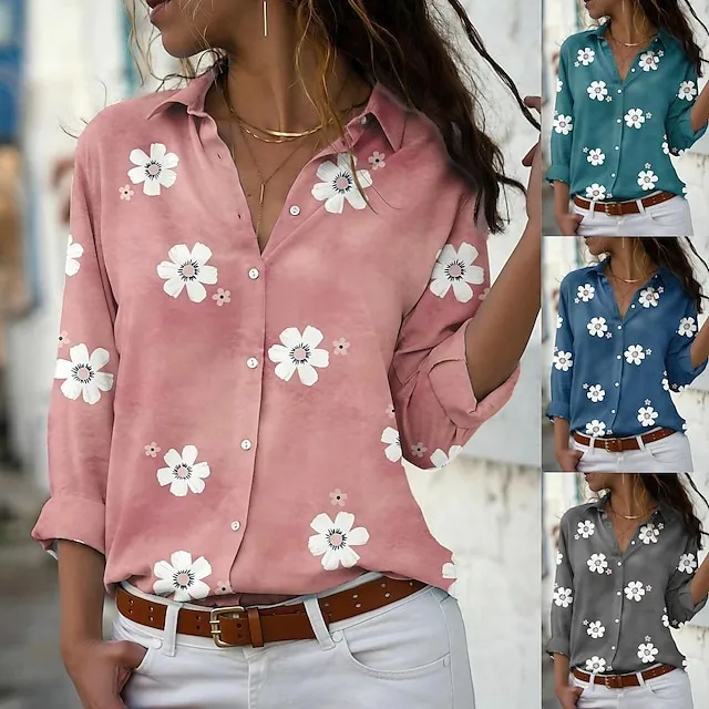 Women's Blouse Floral Floral Print Pink Blue Green Button Long Sleeve Daily Basic Shirt Collar Spring Fall Spring, Fall, Winter, Summer