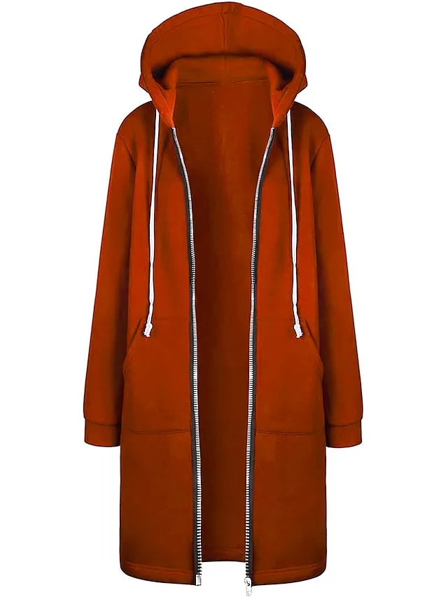 Women's Casual Jacket Fall Windproof Hoodie Jacket with Pockets Casual Workout Regular Long Coat Warm Stylish Long Sleeve Plain Black Pink Wine Sport Street