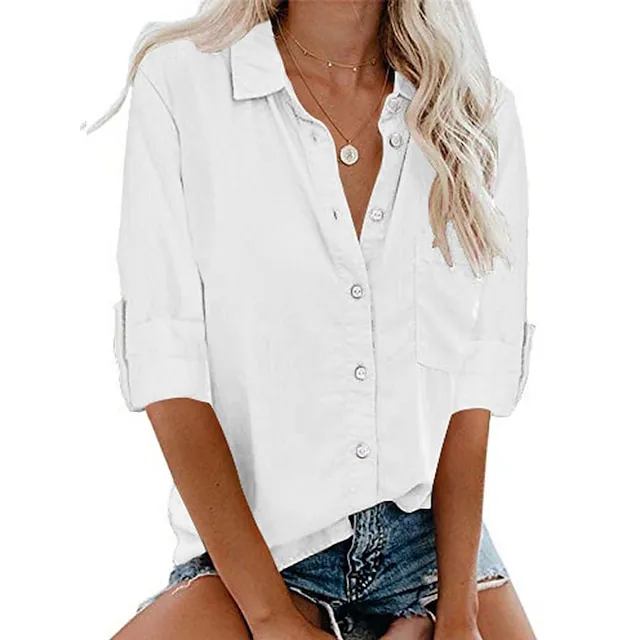 Women's Shirt Blouse Black White Wine Plain Long Sleeve Work Daily Basic Business Elegant Shirt Collar Regular Cotton Loose Fit S