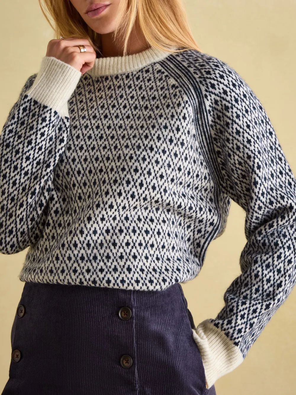 Cream/Navy Patterned Jumper with Detachable Roll Neck