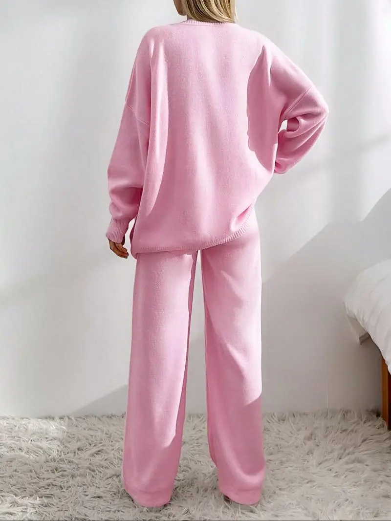 Women's Solid Color Off-Shoulder V-Neck Cardigan & Wide-Leg Pants 2-Piece Loungewear Set