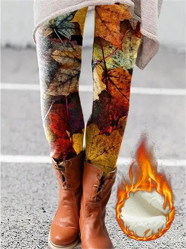 Women's Fleece Lined Leggings Warm Full Length Winter Leggings Print High Elasticity Mid Waist Fashion Designer Daily Black Green Black-White S M Winter