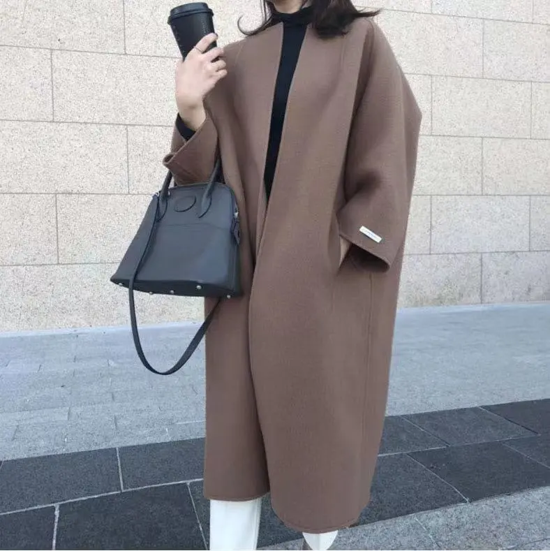 Oversized Solid Collarless Long Coat