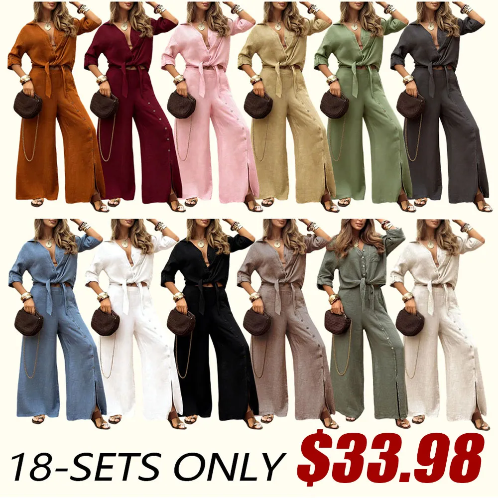 🔥 Women's Loose-Fit Long Sleeve Shirt & Wide Leg Pants Set