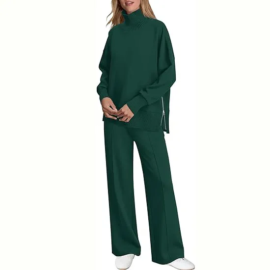 Women's 2-Piece Lounge Set 🧶 | Cozy Knit Turtleneck Top & Matching Pants Outfit