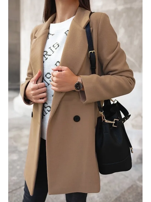 Women's Winter Coat Coat Comfortable Casual Daily Weekend Button Double Breasted Lapel Fashion Classic Comfortable Solid Color Loose Fit Outerwear Long Sleeve Fall Winter Black Wine Khaki S M L XL
