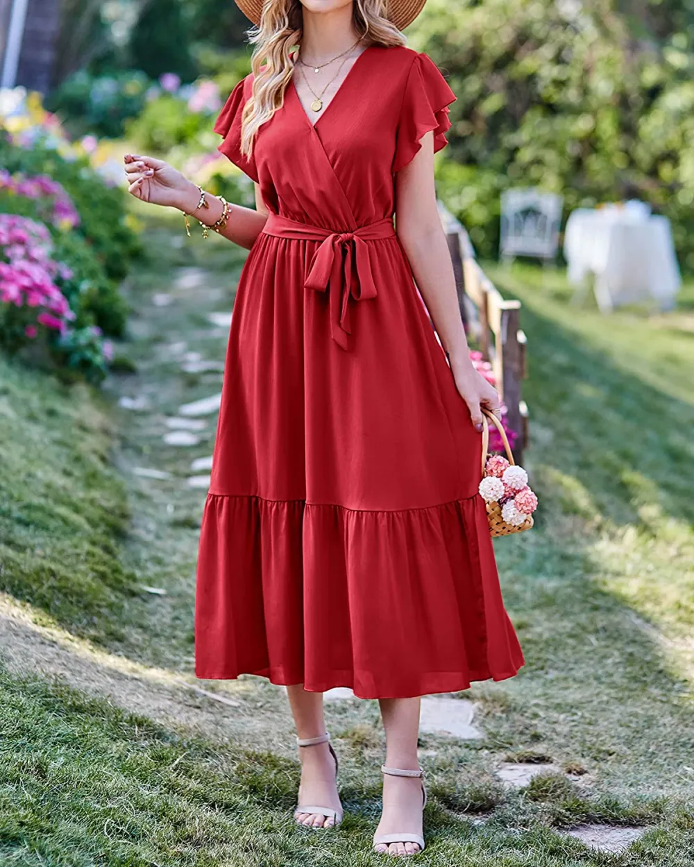Women Summer Bohemian Floral Casual Wrap V Neck Ruffle Cap Sleeveless Belt A-Line Pleated Hem Swing Midi Sun Dress