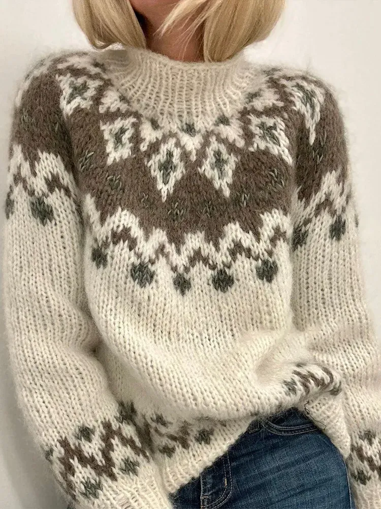 Vintage Icelandic Geometric Contrast Sweater