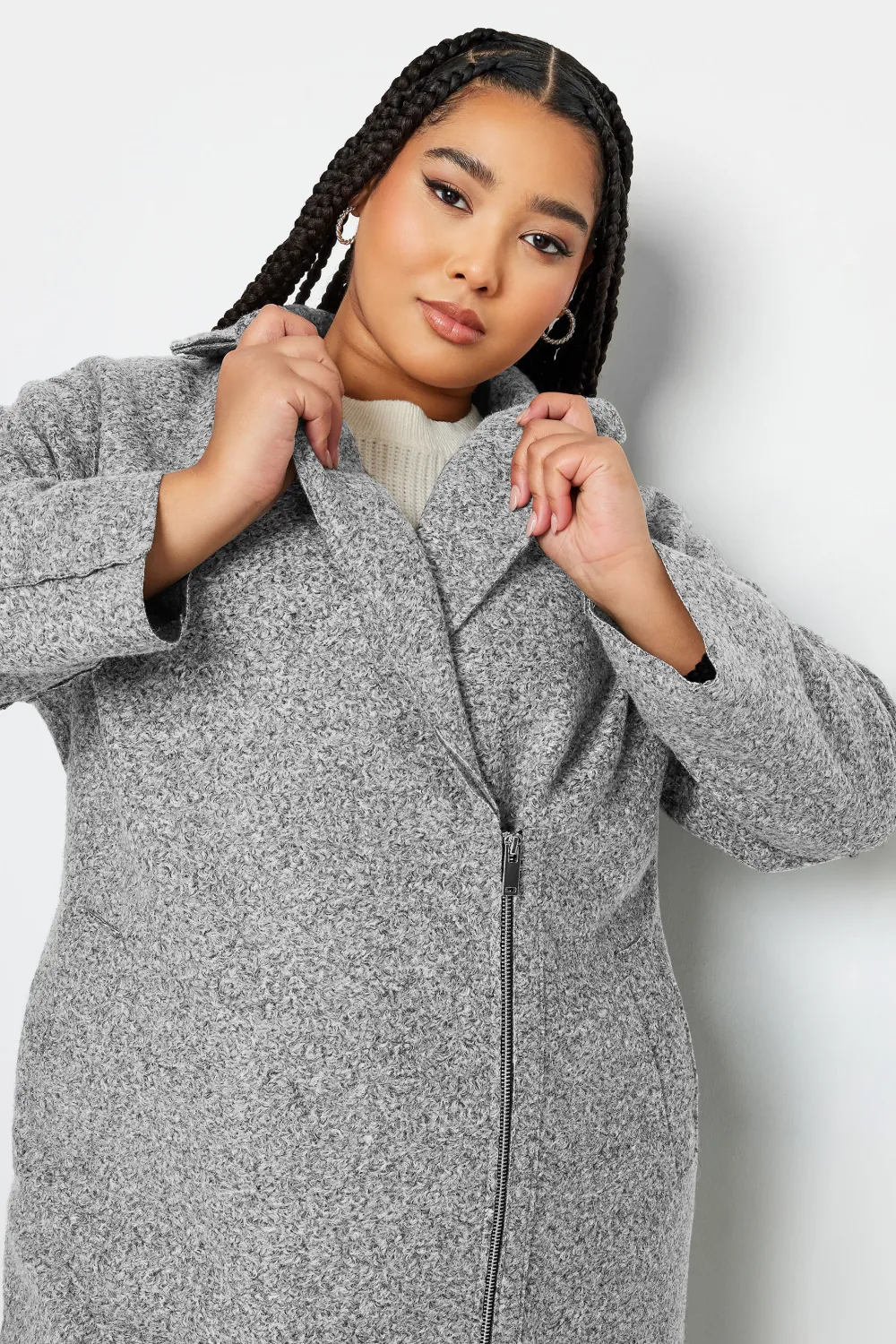 YOURS Curve Grey Boucle Biker Coat