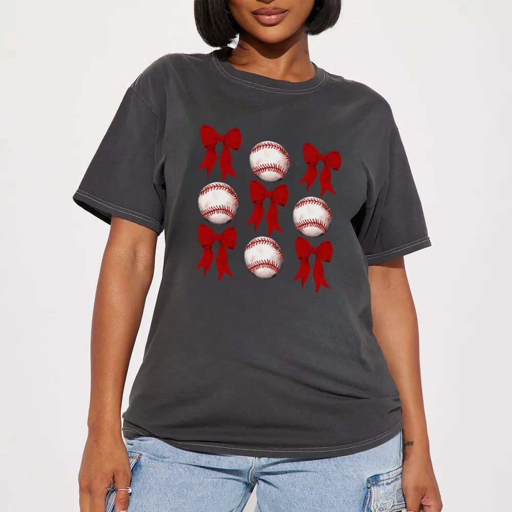A Casual T-Shirt With Alternating Red Bow And Baseball Patterns.