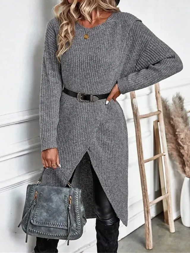 Women's Sweater Dress Knit Dress Jumper Dress Midi Dress Knitwear Warm Fashion Plain Outdoor Daily Going out Crew Neck Long Sleeve 2023 Regular Fit Black Wine Green S M L XL XXL 3XL