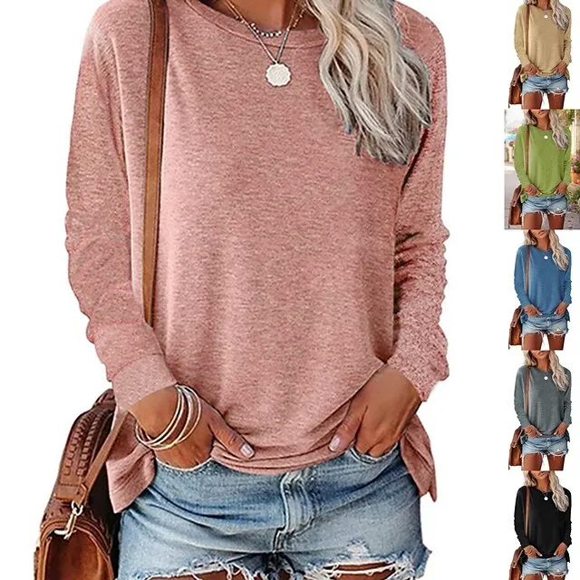 Women's Blouse Basic Plain Basic Round Neck Regular Fall Green Black Blue Pink Grey