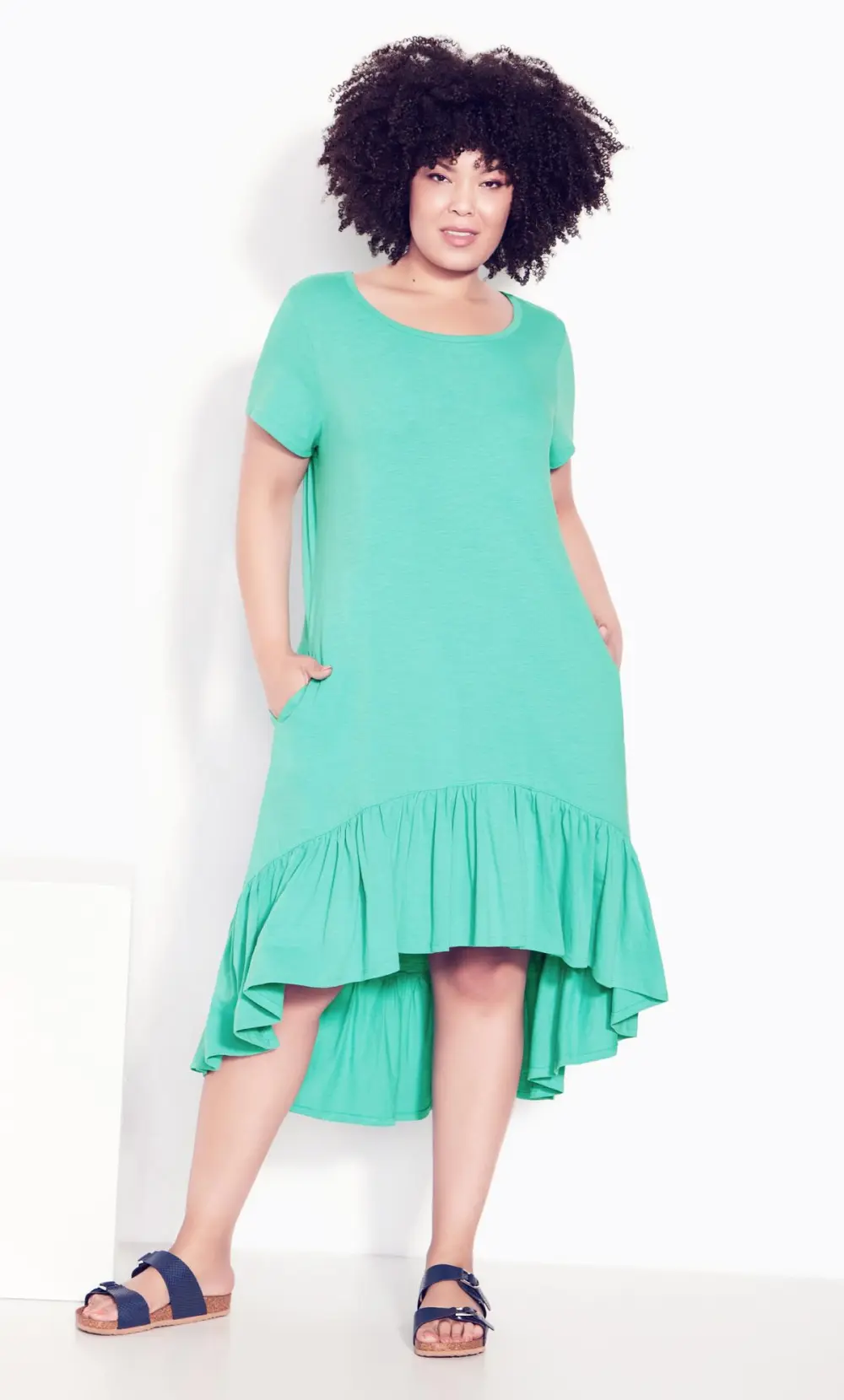 Evans Green Ruffle Drape Pocket Tunic Dress