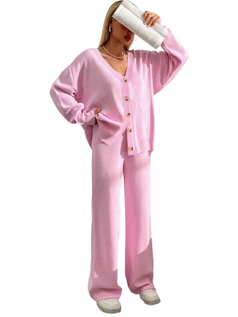 Women's Solid Color Off-Shoulder V-Neck Cardigan & Wide-Leg Pants 2-Piece Loungewear Set