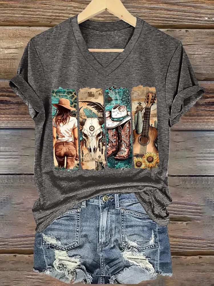 Patterned Printed V-Neck Short-Sleeved T-Shirt