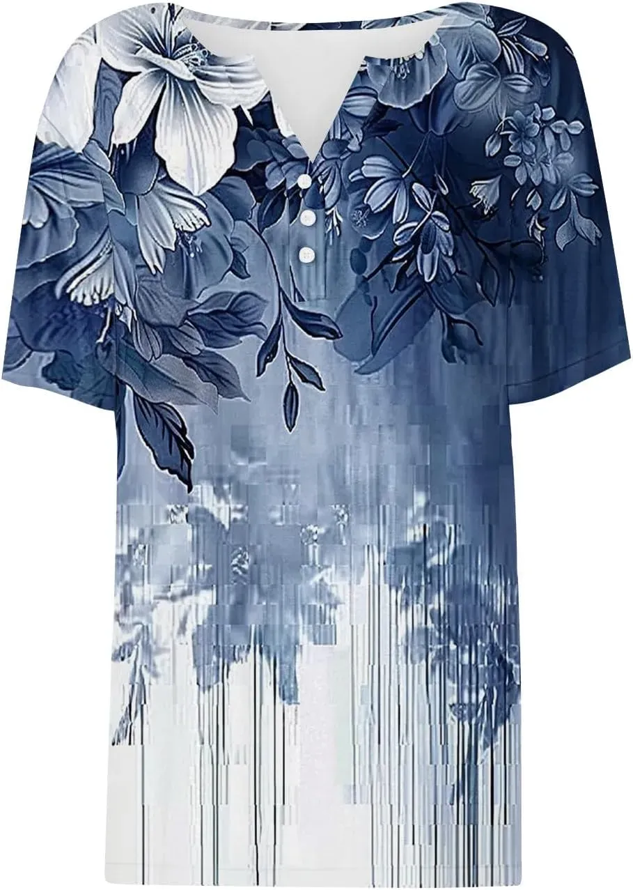 Shirts for Women Casual Printed Summer Tops Short-Sleeved Button V-Neck Tops Blouse Fashion Boho T-Shirts