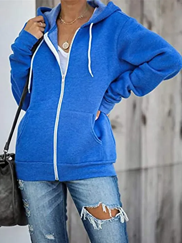Women's Hoodied Jacket Casual Jacket Fall Spring Outdoor Zipper Plain Breathable Streetwear Regular Fit Outerwear Long Sleeve Summer Black S
