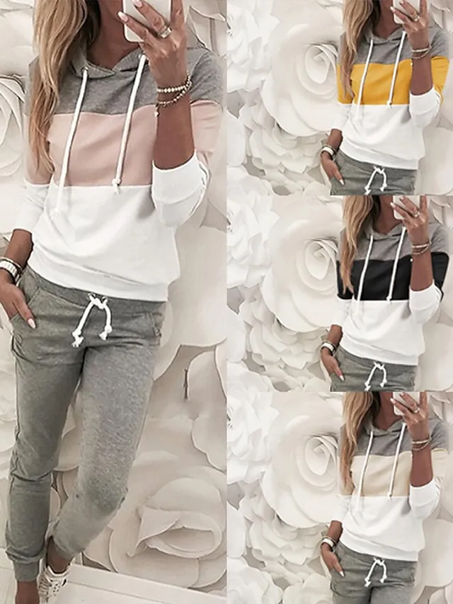 Women's Sweatshirt Tracksuit Pants Sets Color Block Black Yellow Pink Patchwork Drawstring Long Sleeve Casual Daily Vintage Streetwear Basic Hooded Regular Fit Fall & Winter