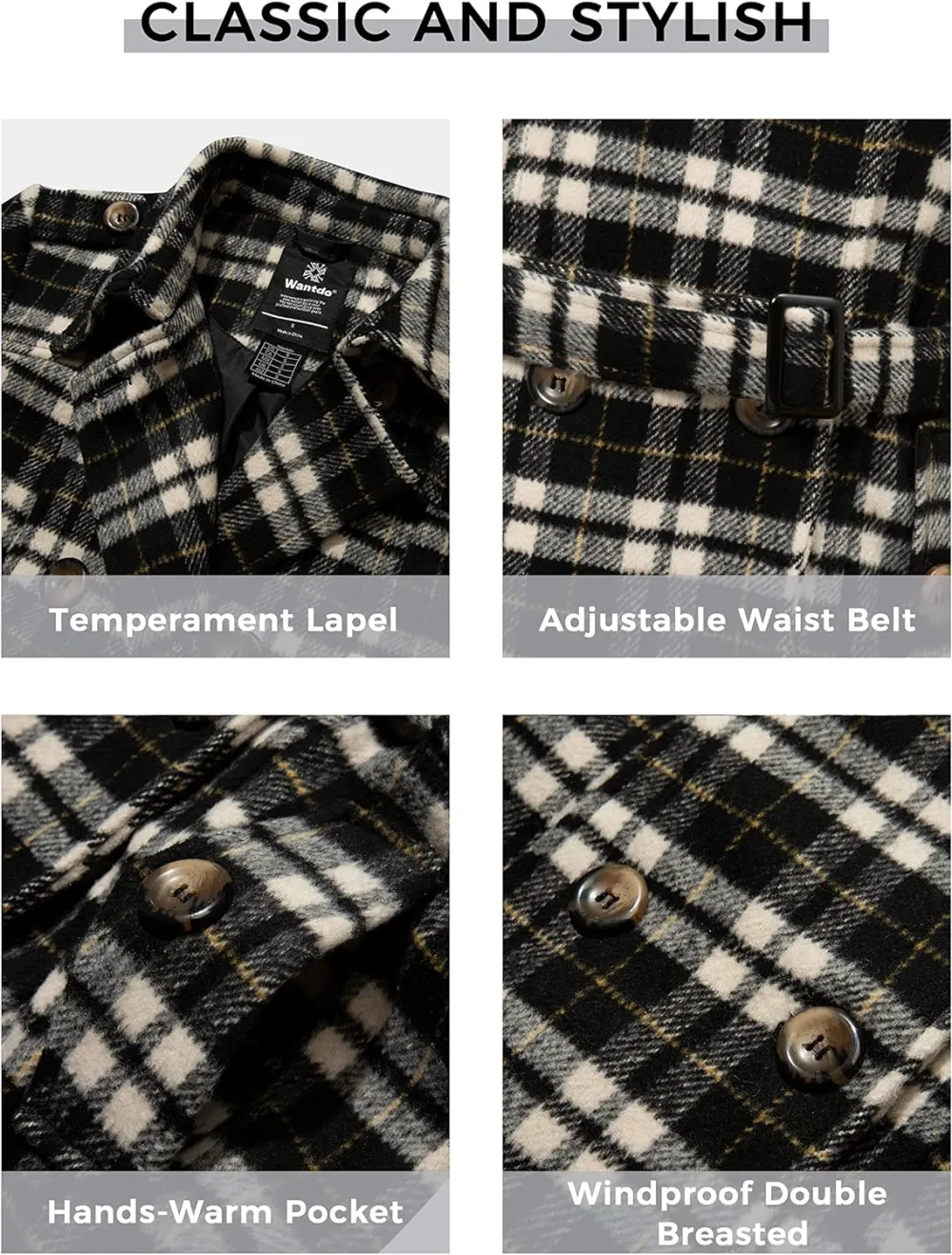 Women's Double Breasted Pea Coat Winter Mid-Long Trench Coat with Belt