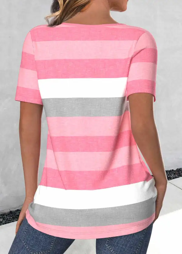 Light Pink Button Striped Short Sleeve T Shirt