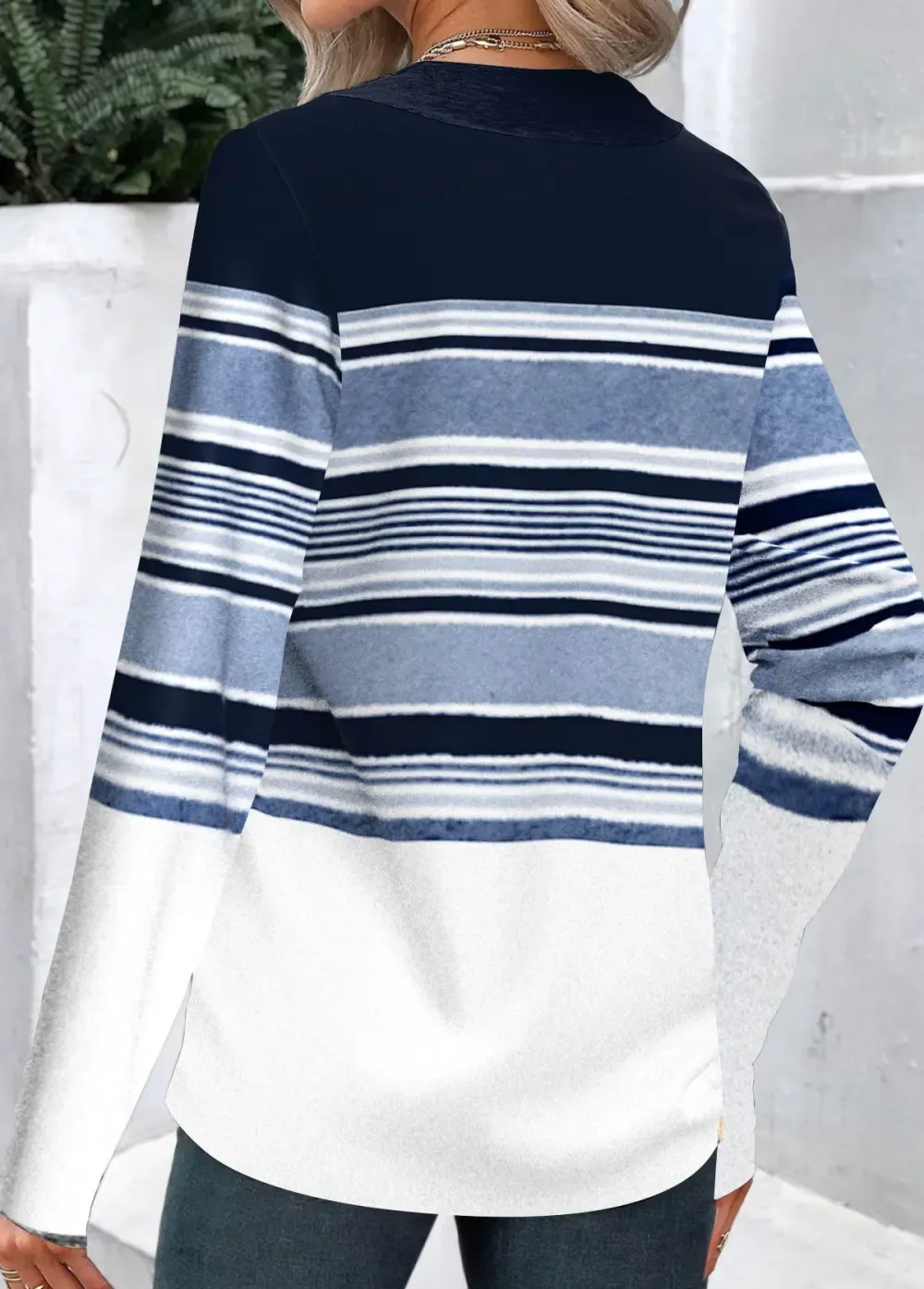 Navy Patchwork Striped Long Sleeve Asymmetrical Neck Sweatshirt
