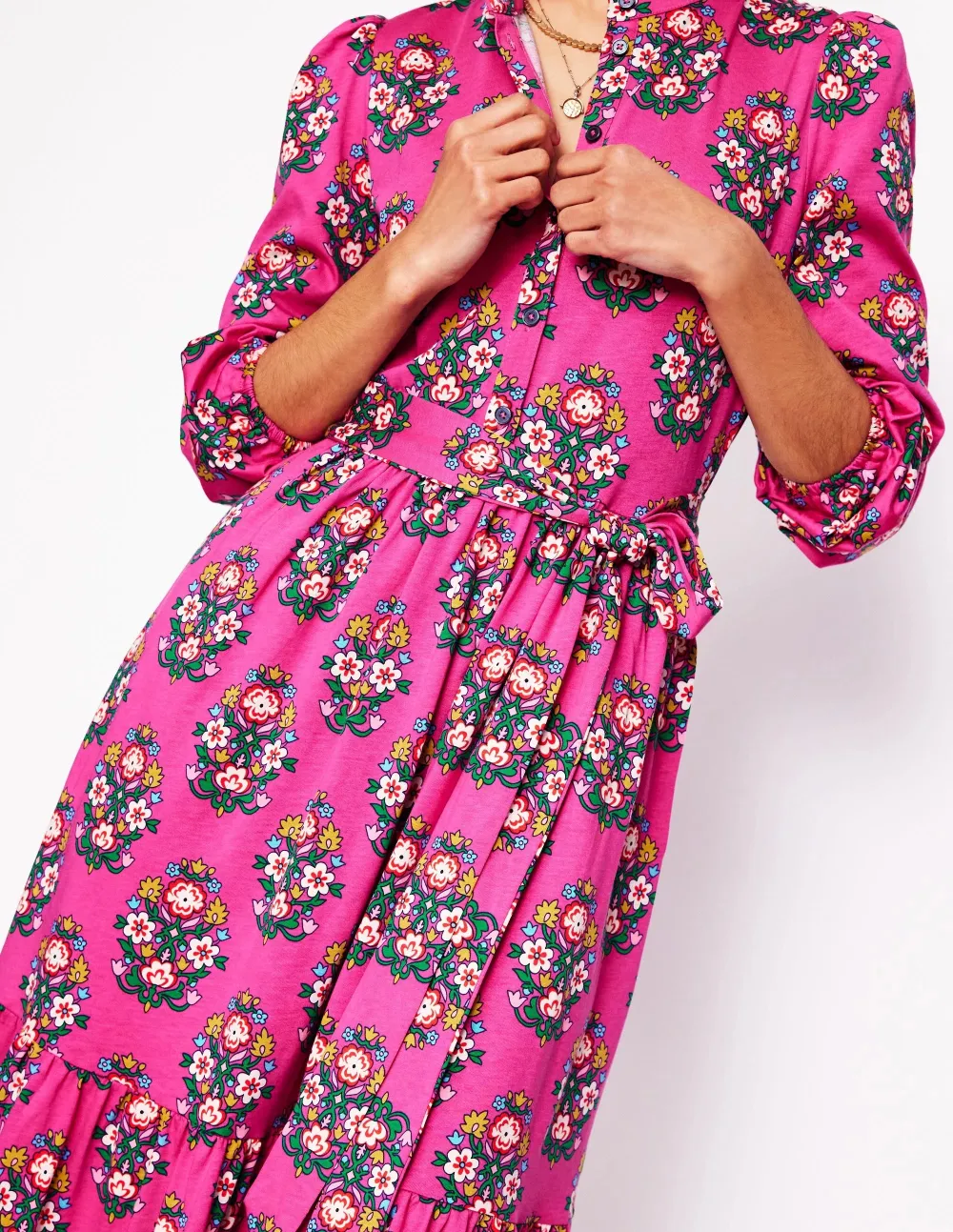 Hot Pink Floral Belted Midi Dress